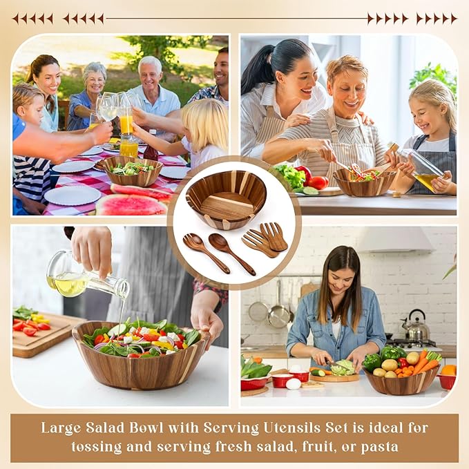 LemonRoad Wooden Salad Bowls Set 12 inch Wavy Large Acacia Wood Serving Bowl with 2 Wooden Hands 2 Utensils Fork Spoon for Fruit, Salad, Cereal, Corn flake, Pasta, Food (Regular Shaped)