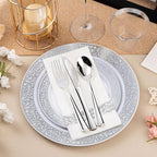 Bestluck 175PCS Silver Plastic Dinnerware Set for 25 Guests, Disposable Plates for Party, Wedding, Include 25 Dinner Plates, 25 Dessert Plates, 25 Set Silver Silverware, 25 Cups, 25 Napkins