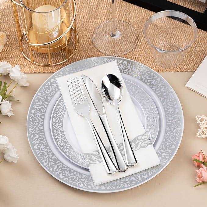 Bestluck 350PCS Silver Plastic Dinnerware Set for 50 Guests, Disposable Plates for Party, Wedding, Include 50 Dinner Plates, 50 Dessert Plates, 50 Set Silver Silverware, 50 Cups, 50 Napkins