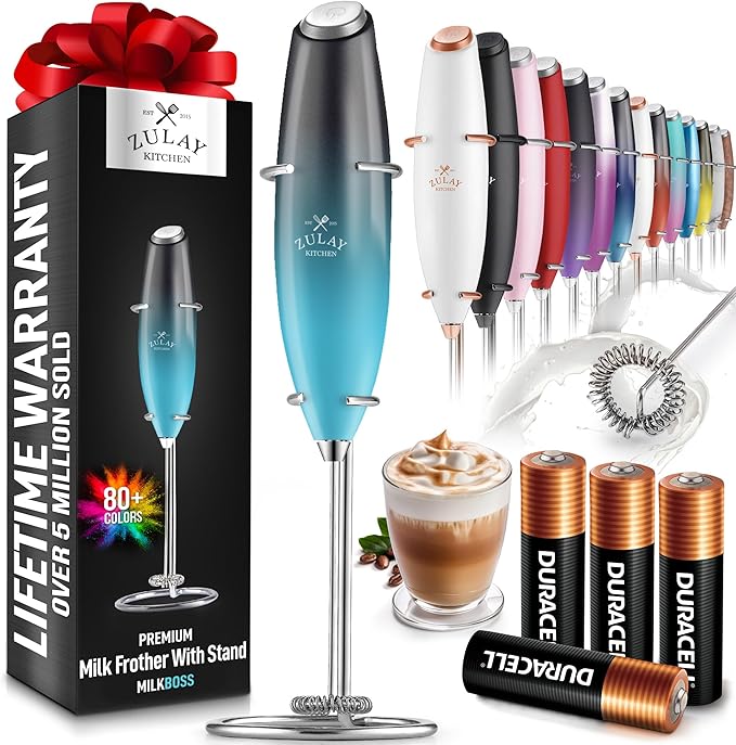 Zulay Kitchen Powerful Milk Frother Wand With 4 AA Duracell Batteries - Ultra Fast Handheld Drink Mixer - Electric Whisk Foam Maker for Coffee, Lattes, Cappuccino, Matcha & Creamer
