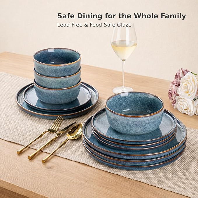 AmorArc Stoneware Dinnerware Sets for 4,Round Reactive Glaze Ceramic Plates and Bowls Set,Highly Scrath Resistant Dishware | Dishwasher & Microwave Safe Dishes Set,Service for 4 (12pc)