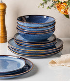 GBHOME Stoneware Dinnerware Sets for 4, 12 Pieces Rustic Ceramic Plates and Bowls Set, Handmade Reactive Glaze Plate Sets, Highly Chip Resistant Dishes, Microwave & Dishwasher Safe, Sea Blue