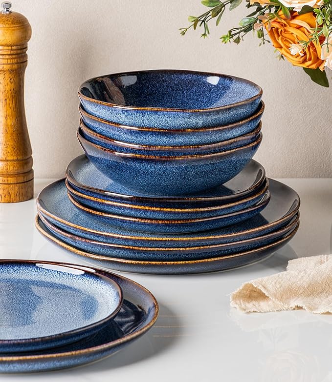 GBHOME Stoneware Dinnerware Sets for 4, 12 Pieces Rustic Ceramic Plates and Bowls Set, Handmade Reactive Glaze Plate Sets, Highly Chip Resistant Dishes, Microwave & Dishwasher Safe, Sea Blue