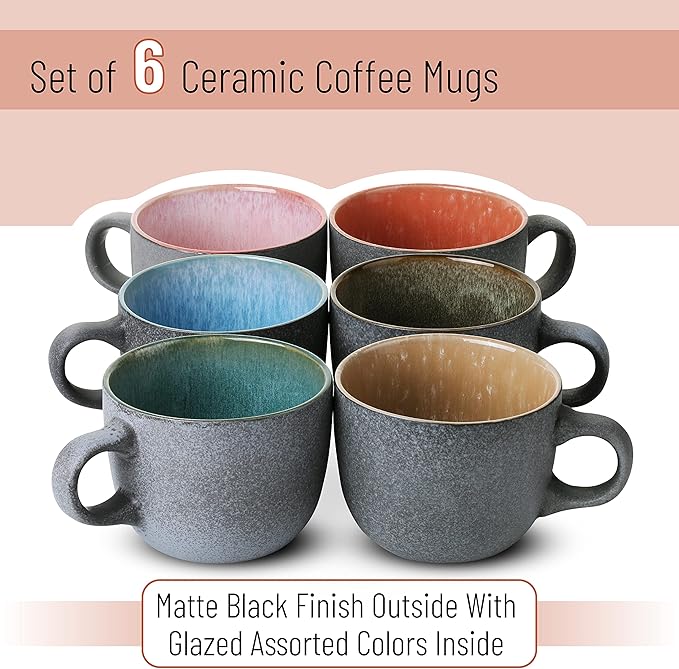 BTaT- Porcelain Coffee Mugs Set, 14 oz (415 ml), 6 Pack, Ceramic Coffee Mugs, Matte Black Outside and Colorful Inside, Restaurant Cups for Tea, Cappuccino, Cocoa, Cereal, Mug Gift Set, Dishwasher Safe