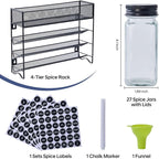 Spice Rack Organizer with 27 Spice Jars with Black Lids, Funnel, Spice Labels, Pen, Seasoning Organizer for Cabinet, Countertop, Pantry, Kitchen,Cupboard or Door & Wall Mount