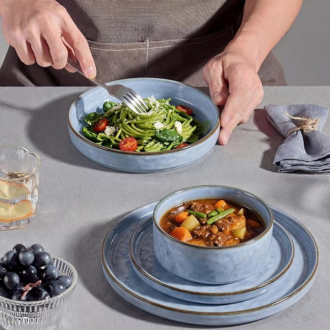 E-far 16-Piece Plates and Bowls Sets with Pasta Bowls - Stoneware Dinnerware Set for 4, Modern Ribbed Dishes, Microwave & Dishwasher Safe, Reactive Blue