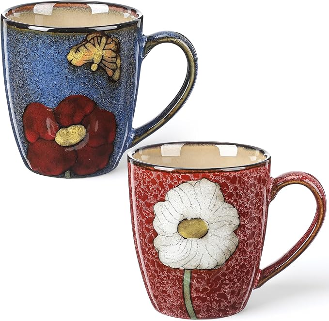 Maxdot 2 Pcs 12oz Ceramic Coffee Mugs Sets Glazing Process Cappuccino Mug Floral Ceramic Tea Cups Mother's Day Idea Gift for Women Mom Porcelain Cup for Coffee, Cocoa, Tea, Latte (Rustic)