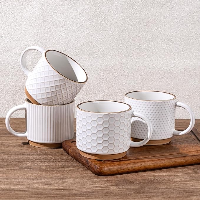 GBhome 15OZ Stackable Coffee Mugs, Ceramic Coffee Mugs with Texture Patterns for Man,Woman,Dad,Mom, Modern Coffee Mugs Set of 4 for Latte/Cappuccino/Cocoa. Dishwasher&Microwave Safe, Off White | for Man, Woman, Dad, Mom