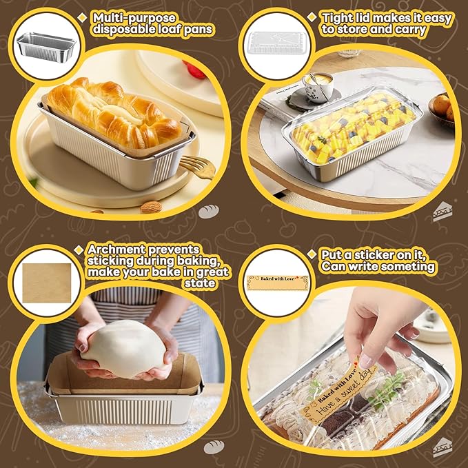 50 Pack Aluminum Loaf Pans with Lids Stickers and Parchment Paper Sheets,2.4Lb Heavy Duty Aluminum Foil Premium Bread Tins - 8.3" X 4.1" X 2.2" Disposable Baking Pans