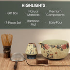 Matcha Whisk Set, 7-Piece Matcha Kit with Ceramic Bowl, Bamboo Whisk, Scoop, Sifter, Holder & Bamboo Mat – Premium Matcha Tea Set for Beginners & Matcha Lovers, Gift Ready