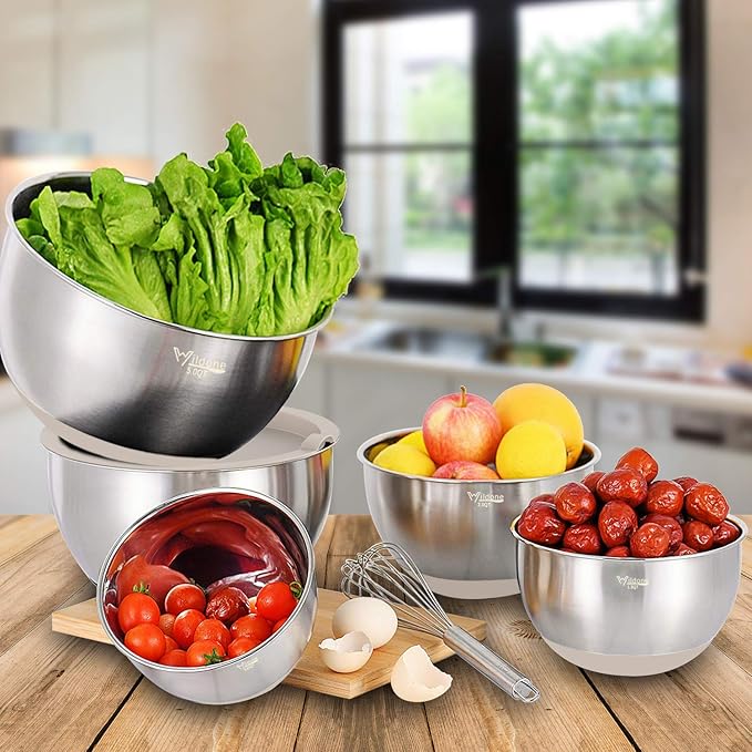 Wildone Mixing Bowls with Airtight Lids Set, 5PCS Stainless Steel Khaki Nesting Bowls for Kitchen, with Grater Attachments & Non-Slip Bottoms, Size 5, 3, 2, 1.5, 0.63 QT, Great for Mixing & Serving