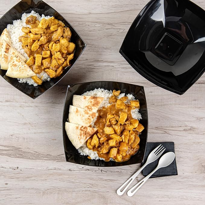 Restaurantware Moderna 64 Ounce Fancy Plastic Bowls 10 Square Disposable Salad Bowls - Durable Heavy-duty Black Plastic Bowls For Warm And Cold Foods