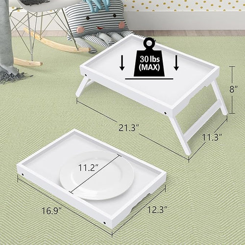 Artmeer Bed Tray Table with Folding Legs,Bamboo Breakfast in Bed for TV Table, Laptop Computer Tray,Eating,Snack Tray (White) Large Size