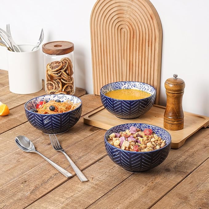 Selamica Ceramic Cereal Bowls Set 25 OZ, Embossed Soup Bowls, Dessert Bowls 5.9 Inch Ceramic Kitchen Bowls for Ramen Oatmeal Fruits, Microwave Dishwasher Safe, Set of 4, Blue