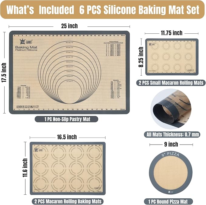 Silicone Baking Mat Set of 6, GUANCI Grade Food Baking mats Non-Stick Reusable Pizza Bakeware Mat for Making Macaroon, Pizza, Cookie, Pastry, Bread, Bun(Grey)
