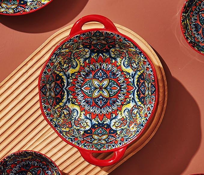 2 Pack Boho Ceramic Serving Bowls with Handles, 40 Oz Porcelain Salad Bowls, Large Serving Dishes for Entertaining, Mixing Bowls for Soup, Stew, Pasta, Cereal, Colorful Embossed Cute Bowls Set SH