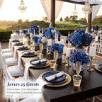 KIRE 175Pcs Blue Plastic Plates - Navy Blue Plates Disposable - 25 for Dinner 25 for Dessert 25 Pre Rolled Napkins with Gold Plastic Silverware and 25 Cups for Birthday/Wedding/Passover/Graduation