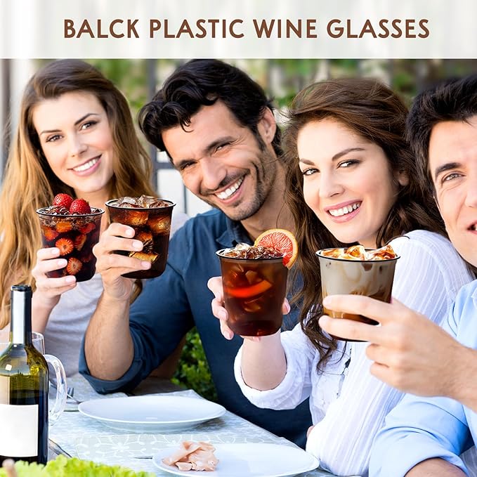 KesaPlan 100 Pcs 12 oz Black Clear Plastic Cups, Disposable Stemless Wine Glasses for Halloween Graduation Party, Round Bottom Plastic Cocktails Cups, Disposable Cold Drinks Cup for Birthday Wedding