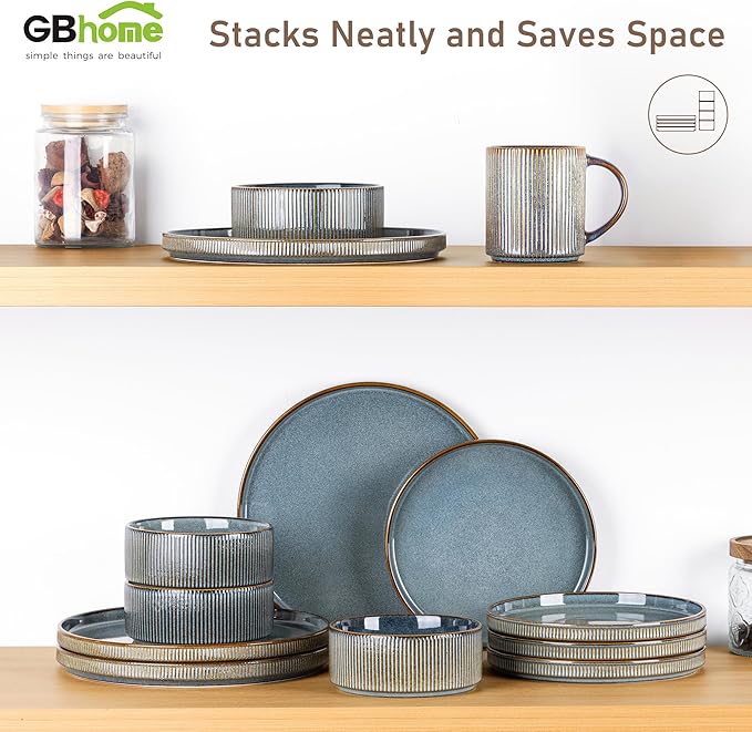 GBHOME 18-Piece Stoneware Dinnerware Set for 6 – Ribbed Ceramic Plates and Bowls, Scratch-Resistant, Microwave & Dishwasher Safe, Reactive Glaze, Reactive Glaze Teal