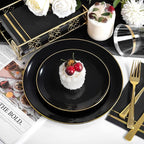 NOCCUR 350PCS Black and Gold Plastic Plates - Black Disposable Dinnerware Set for 50 Guests, 100 Dinner/Dessert Plates, 150 Gold Silverware, 50 Cups&50 Napkins for Party/Birthday/Graduation