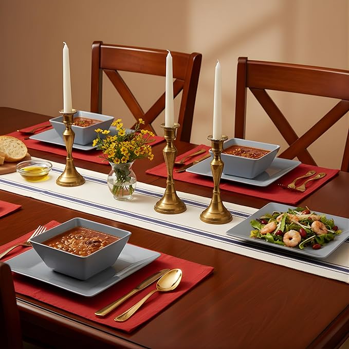 TP 12-Piece Melamine Dinnerware Sets, Plates and Bowls Dishes Set for 4, Break-Resistant & Non-Microwavable, Lightweight Square Dinner Plates, Grey
