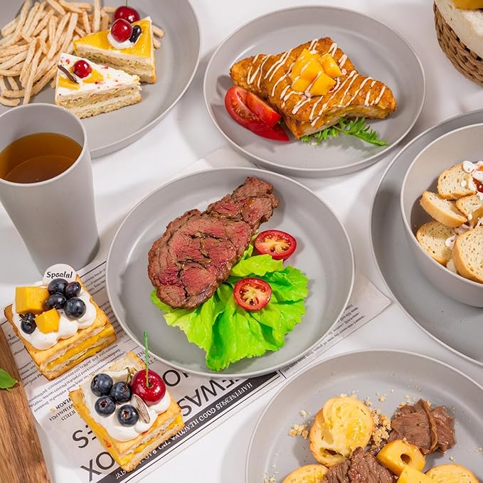 EI 24pcs Grey Wheat Straw Dinnerware Set of 6,Reuasble Unbreakable Dinner Plates,Wheat Plates and Bowls Sets for Camping,Picninc,Family Dinner