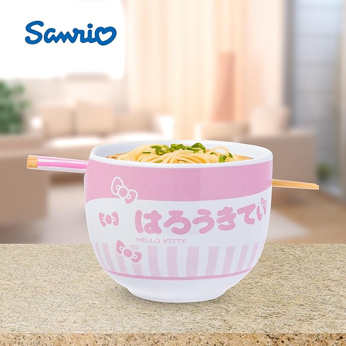 Silver Buffalo Sanrio Hello Kitty Pink Stripes Ceramic Ramen Bowl with Chopsticks, 20 Ounces