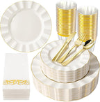 175PCS Gold and Ivory Plastic Dinnerware Set, Plastic Party Plates for 25 Guests, 50 Disposable Plates, 25 Heavy Duty Silverware, 25 Cups, 25 Napkins for Party and Wedding