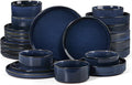 LIANYU 24 Piece Dinnerware Sets with Pasta Bowls for 6, Ribbed Dishes Plates and Bowls Set, Microwave & Dishwasher Safe Ceramic Stoneware for Home Kitchen, Scratch and Chip Resistance, Twilight Blue