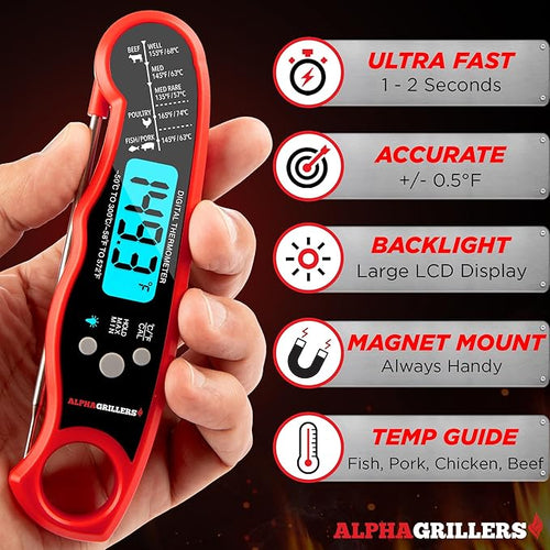 Alpha Grillers Meat Thermometer Digital – Instant Read Food Thermometer for Cooking & Grilling – Professional Kitchen Gifts for Men, Dad & Mom