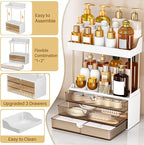 caktraie 2 Pack Bathroom Organizers and Storage - 3 Drawers 2 Tier Makeup Organizer, Cosmetic Storage Drawer for Dresser Countertop and Bathroom Vanity for Large Skincare, Perfume, Amber