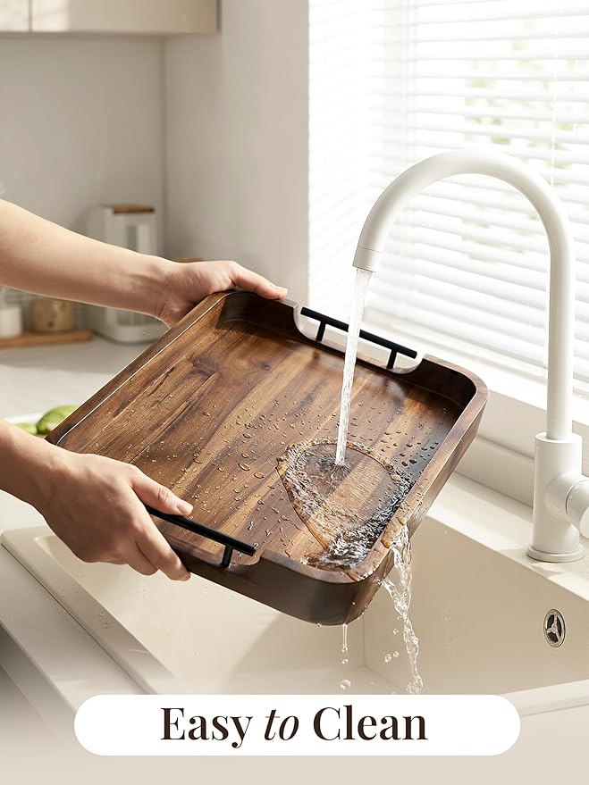 TIDITA Large Serving Tray with Handles - 20”x14” Rectangle Ottoman Tray, Wooden Tray for Ottoman, Wooden Ottoman Tray for Living Room - Decorative Trays for Coffee Table with Round Edge (Walnut color)