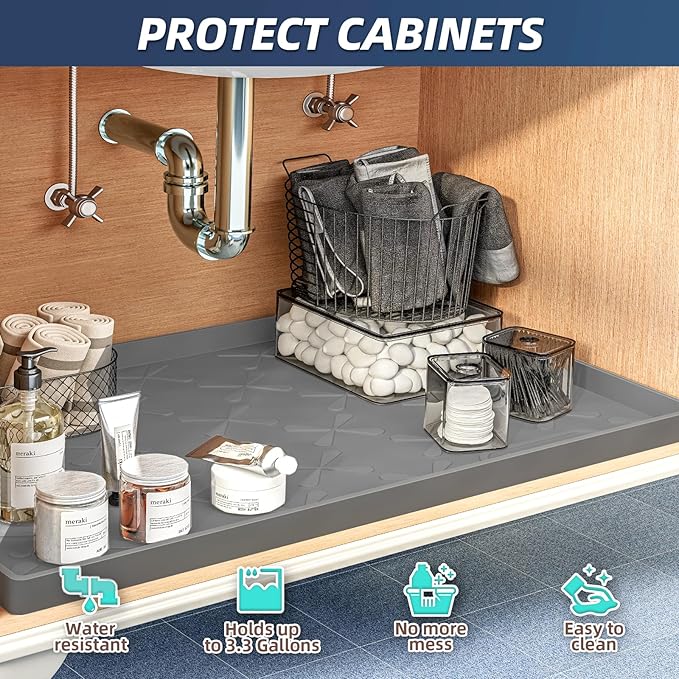 SIKADEER 25" x 22" Under Sink Mat Waterproof, Silicone Mat Kitchen Drawer Shelf and Cabinet Liner, Sink Protector for Kitchen Organizers and Storage, Boot Tray Pet Food Mats