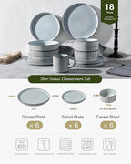Famiware Star 18-Piece Reactive Glaze Plates and Bowls Sets, Service for 6 - Stoneware Dinnerware with Trim, Modern Rustic Dishes, Chip & Scratch Resistant, Microwave & Dishwasher Safe, Smoky Blue