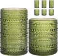 Moretoes Hobnail Drinking Glasses Set of 6, 12 Oz Highball Glasses & 10 Oz Cocktail Glasses, Clear Embossed Boho Glass Cups Kitchen Bar Tumbler Glassware Set for Whiskey, Beer, Juice, Milk (Green)