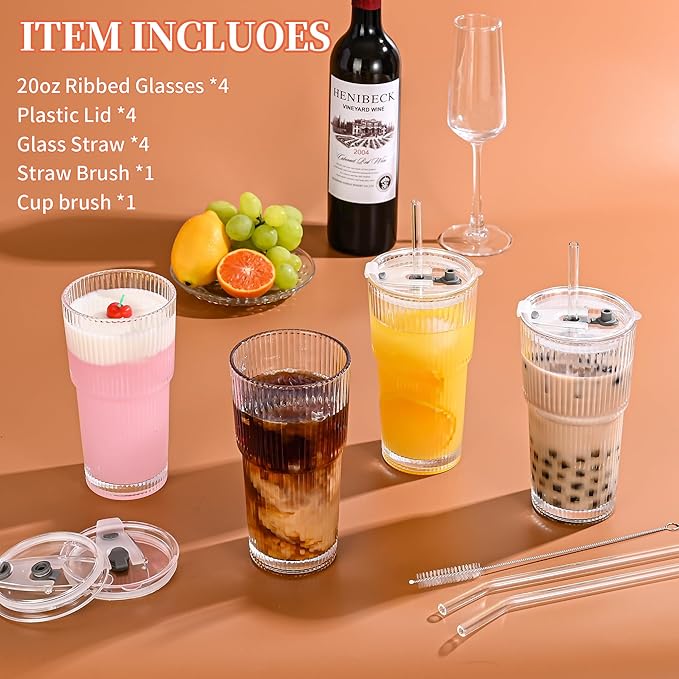 Amyoole 20 oz Ribbed Glass Tumblers With Lids and Straws,Clear Drinking Glasses Set of 4,Reusable Vintage Iced Coffee Cups,Leak Proof Thick Glass Cups for Juice,Cocktail,Smoothie,Beer,Boba