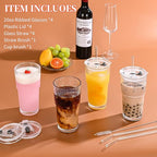 Amyoole 20 oz Ribbed Glass Tumblers With Lids and Straws,Clear Drinking Glasses Set of 4,Reusable Vintage Iced Coffee Cups,Leak Proof Thick Glass Cups for Juice,Cocktail,Smoothie,Beer,Boba