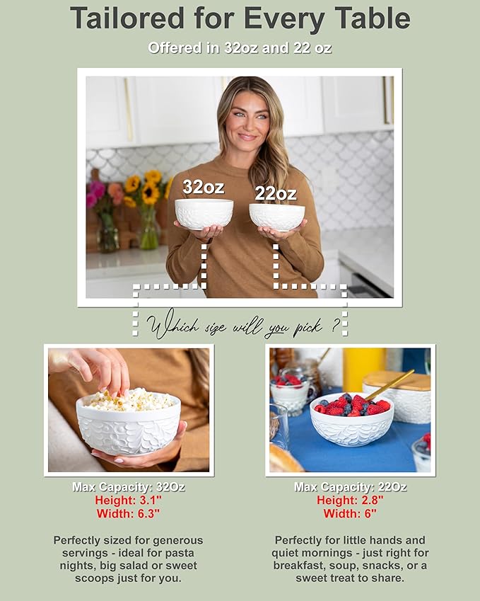 25DOL 22 oz Ceramic Bowls Set of 4 – Embossed Nature-Inspired Design, Versatile Soup & Cereal Bowls – Ideal for Ramen, Pasta, Oatmeal & Salads – Microwave & Dishwasher Safe