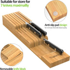 Bamboo Kitchen Drawer Organizer, Expandable Silverware Organizer with Removable Knife Block, 6-8 Slots- Utensil Holder & Cutlery Tray Drawer Dividers, 2.36" Deep for Extra Capacity, Natural