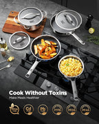 Pots and Pans Set Hybrid Stainless Steel, 10PC Nonstick Tri-Ply Cookware Set w/Frying pan, Dishwasher & Oven Safe, PFOA-Free, Metal Utensil Safe, Suitable for All Cooktops