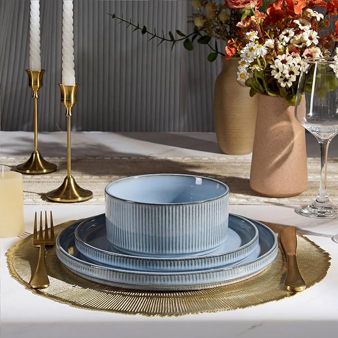 E-far Stoneware Dinnerware Sets for 2, 6-Piece Plates and Bowls Sets, Chip & Scratch Resistant Ribbed Dish Set for Home Restaurant, Microwave & Dishwasher Safe, Dusty Blue
