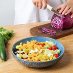 Sureasy Pasta Bowls Set of 4, 30oz Large Embossed Serving Bowl Plates, 8.5 Inch Wide and Shallow Plate Bowls, Microwave, Oven & Dishwasher Safe, Blue