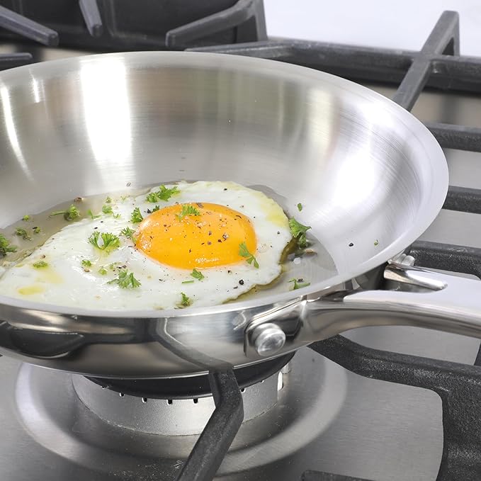 Sur La Table Kitchen Essentials Chef's Deck 8-Inch Stainless Steel Frying Pan – Induction Ready Skillet with Tri-Ply Base, Polished Finish & Hollow Stay-Cool Handle