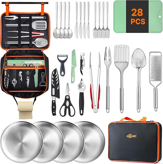 Portable Camping Cooking Utensils Set, Camp Kitchen Set with Organizer Bag, RV Essentials Outdoor Cooking Utensil Kit for Travel, Picnics, Camping, BBQs, Parties