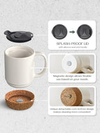 DOWAN Coffee Mugs Set of 2, 15 OZ Ceramic Mug with Cork Bottom and Splash Proof Lid, Large Coffee Cup with Handle for Tea Latte, Beige