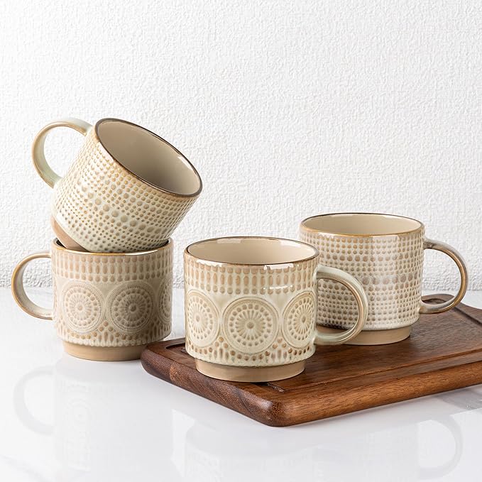 GBhome 12OZ Stackable Coffee Mugs, Ceramic Coffee Mugs with Texture Patterns for Man,Woman,Dad,Mom, Modern Coffee Mugs Set of 4 for Latte/Cappuccino/Cocoa. Dishwasher&Microwave Safe