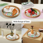 Round Rattan Tray with Mother of Pearl Inlay, Decorative Wicker Serving Tray with Wooden Base, Woven Basket Trays for Bread Fruits Coffee