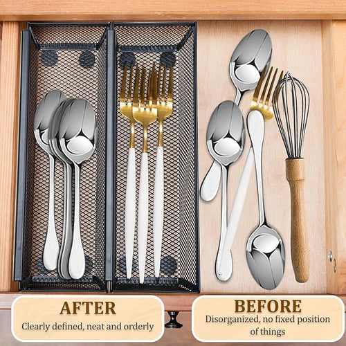 4PCS Drawer Organizer for Kitchen,Utensil Mesh Drawer Organizer with Interlocking Arm for Cosmetic,Flatware,Pen (9 * 3 * 2 Inches,Black)