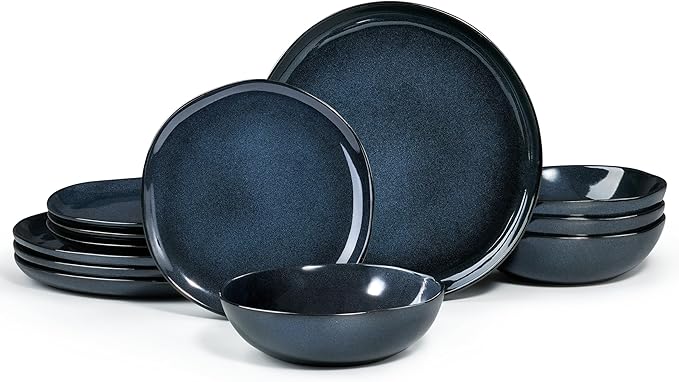 HaWare Plates and Bowls Set, Stoneware Dinnerware Sets, 12-Piece Hand-painted Dishware for 4, Ceramic Dinner Set for Home Kitchen, Microwave and Dishwasher Safe, Reactive Starry Blue