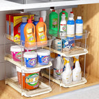 Delamu 2 Pack 3-Tier Bathroom Under Sink Organizers and Storage, Multi-Purpose Stackable Pantry Organization and Storage, Pull Out Clear Kitchen Bathroom Cabinet Organizer with Movable Dividers, Beige